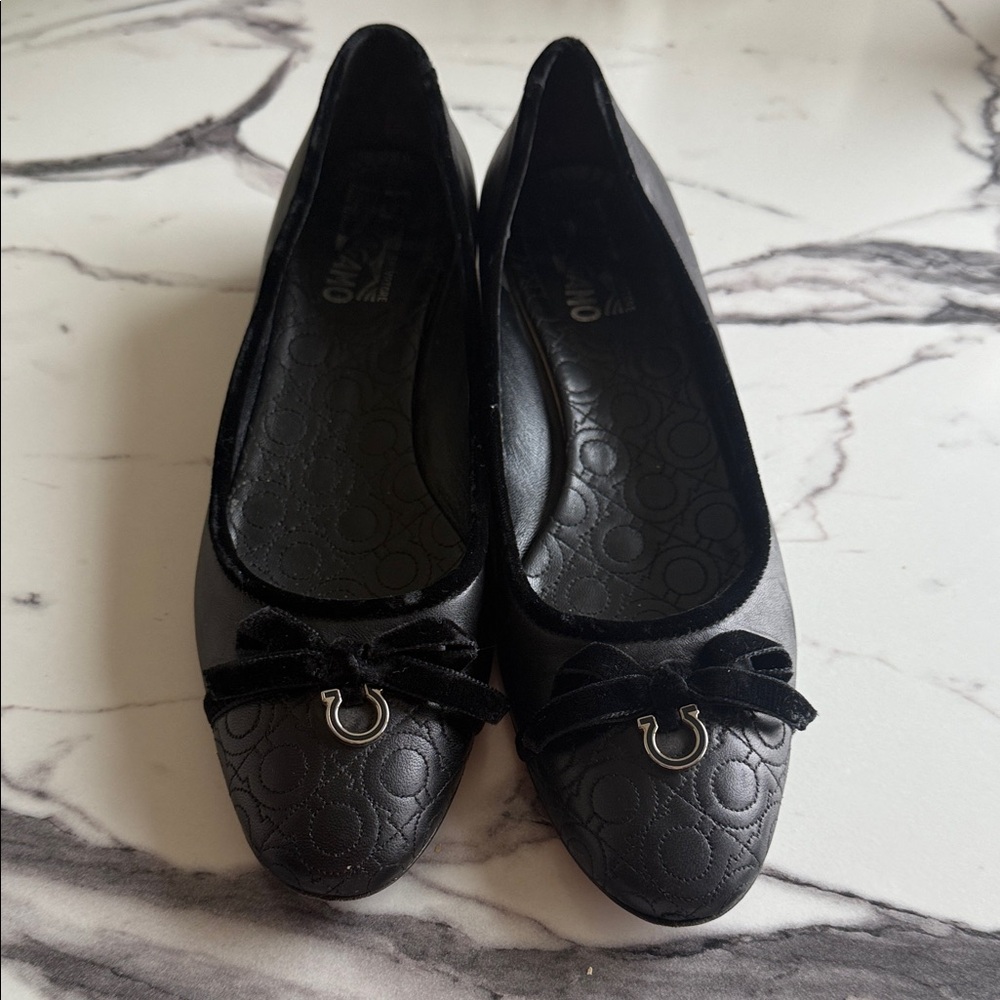 Salvatore Ferragamo Black Quilted Leather Bow-Accent Flats